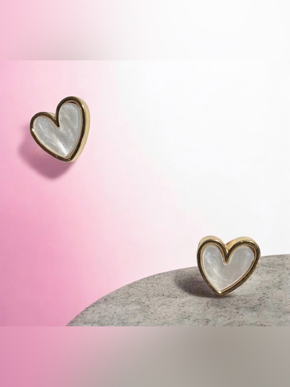 Gold Tone Heart Stud Earrings with Iridescent White Inlay